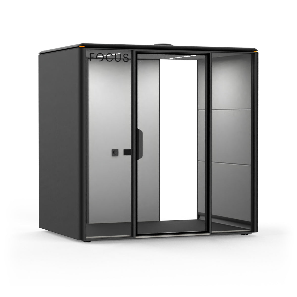 Focus Studio meeting pod in Carbon with no furniture, seen from the front left