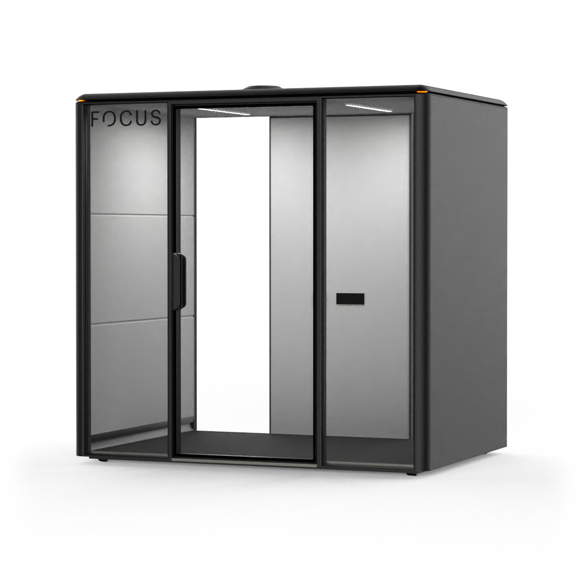 Focus Studio meeting pod in Carbon with no furniture, seen from the front right