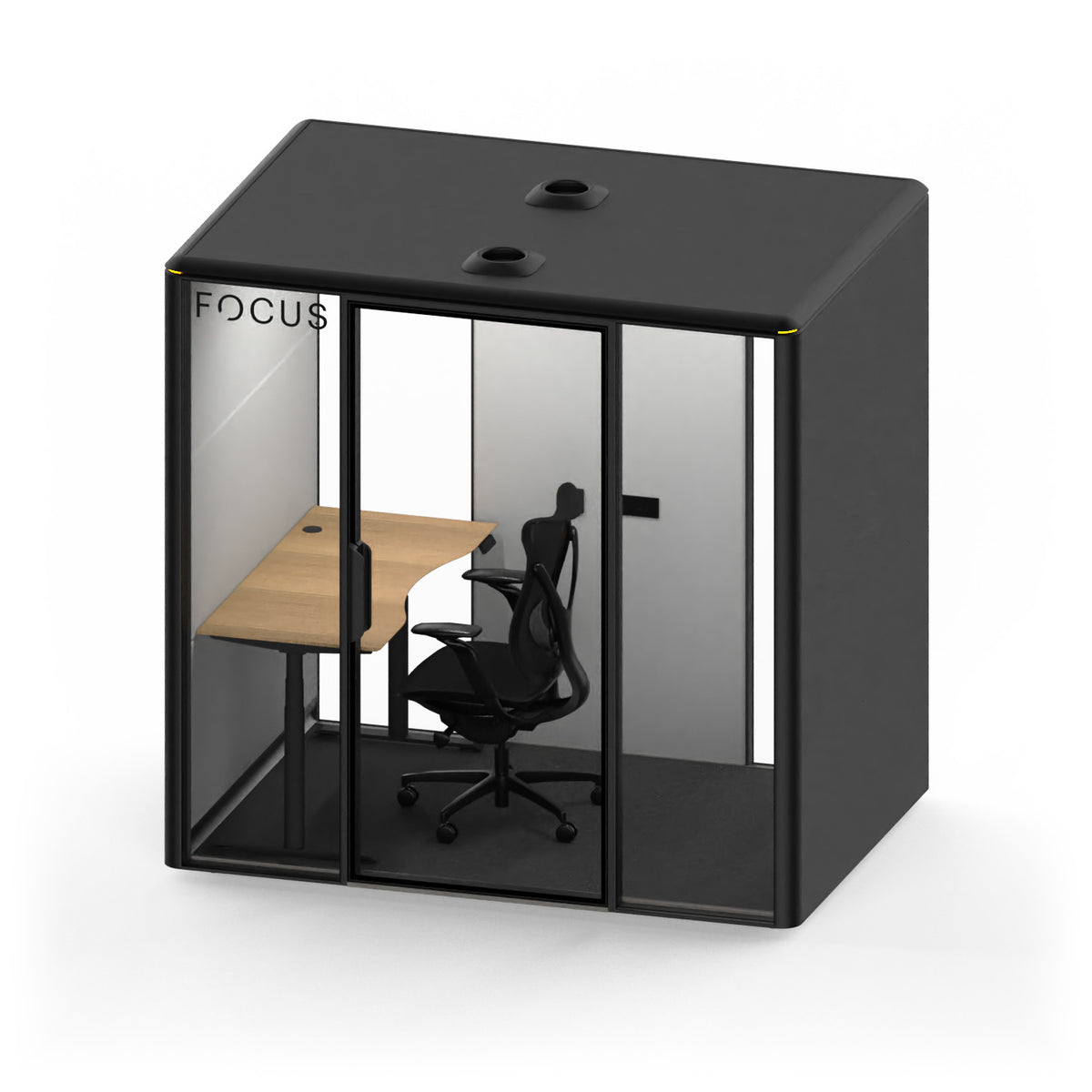 Focus Studio meeting pod in Carbon with an Onda task chair and a height-adjustable desk, seen from above