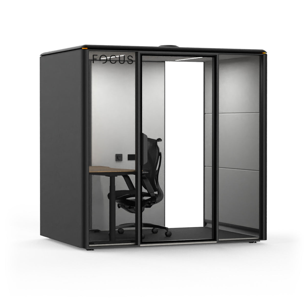 Focus Studio meeting pod in Carbon with an Onda task chair and a height-adjustable desk, seen from the front left