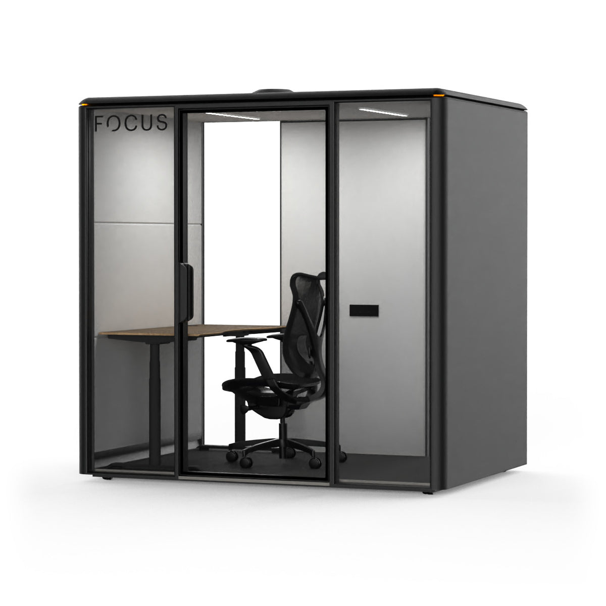 Focus Studio meeting pod in Carbon with an Onda task chair and a height-adjustable desk, seen from the front right