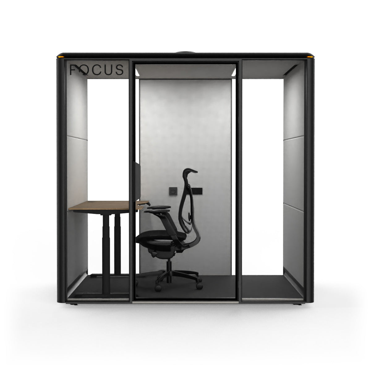 Focus Studio meeting pod in Carbon with an Onda task chair and a height-adjustable desk, seen from the front