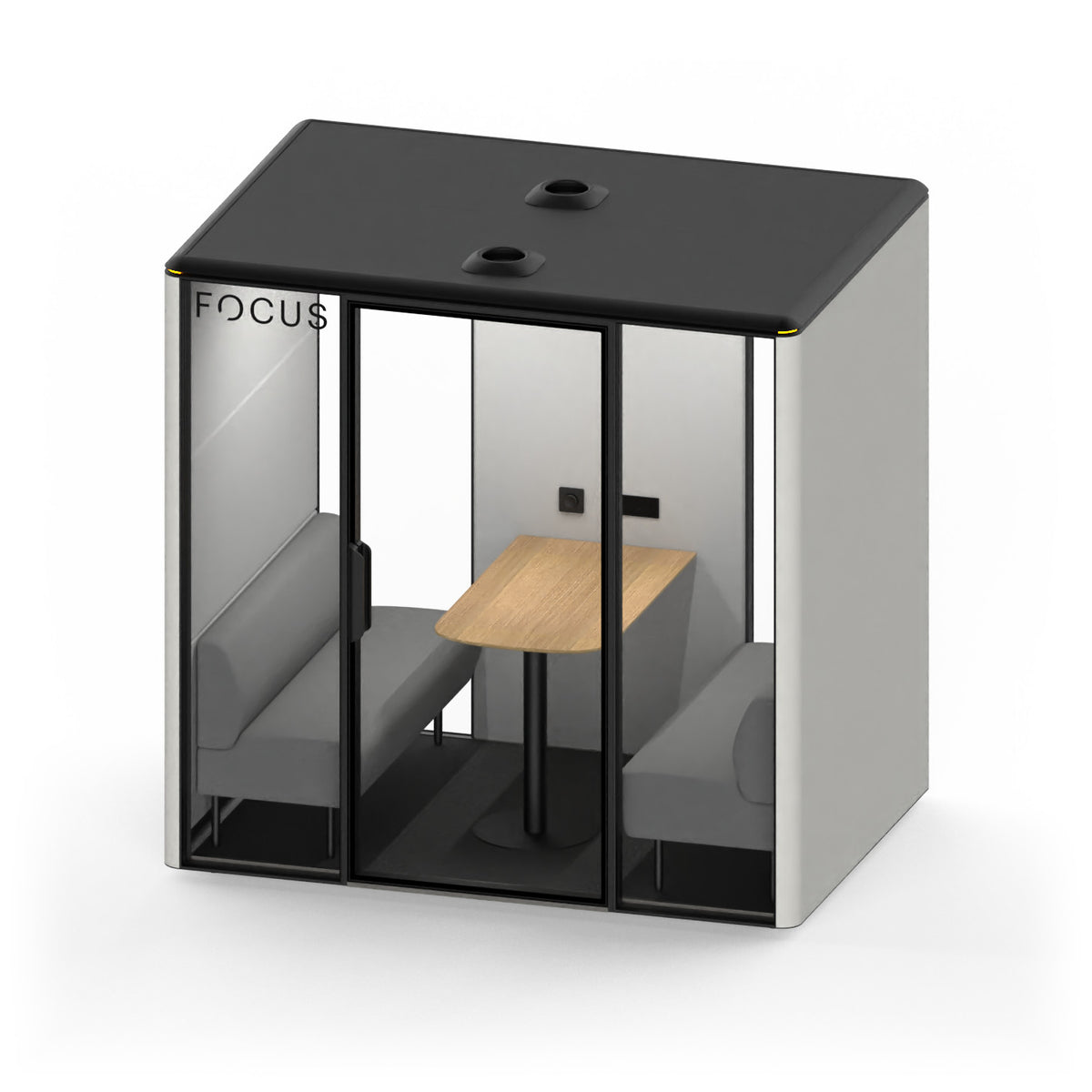 Focus Studio meeting pod in Chalk with two benches and a wall-mounted meeting table, seen from above