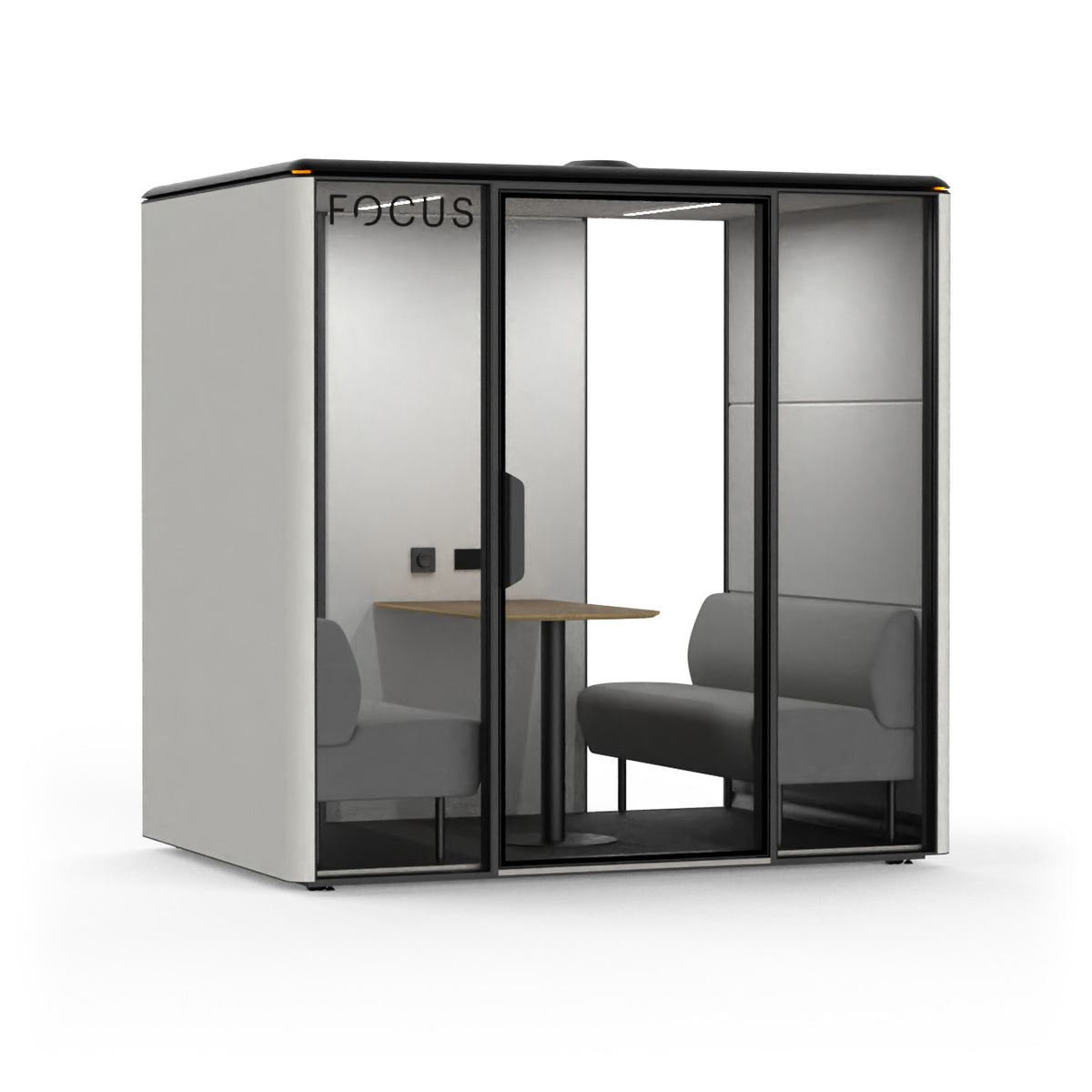 Focus Studio meeting pod in Chalk with two benches and a wall-mounted meeting table, seen from the front left