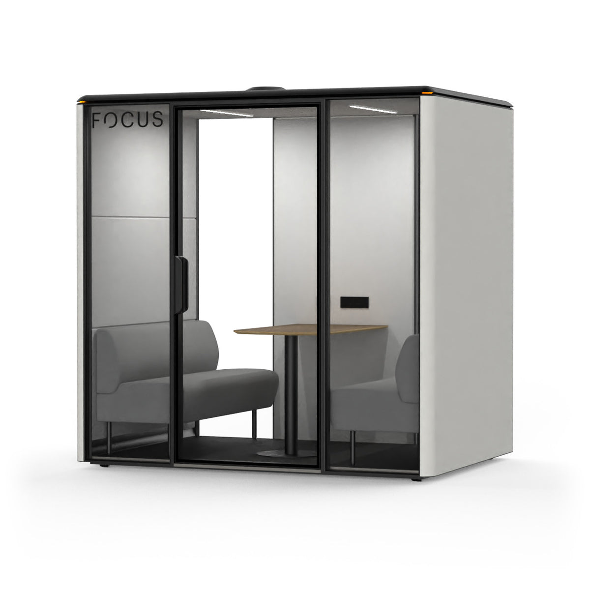 Focus Studio meeting pod in Chalk with two benches and a wall-mounted meeting table, seen from the front right