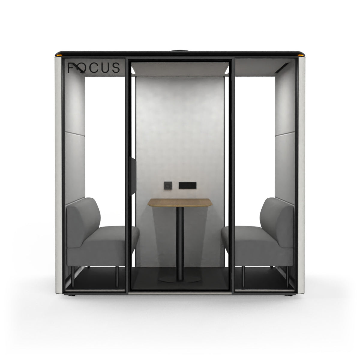 Focus Studio meeting pod in Chalk with two benches and a wall-mounted meeting table, seen from the front