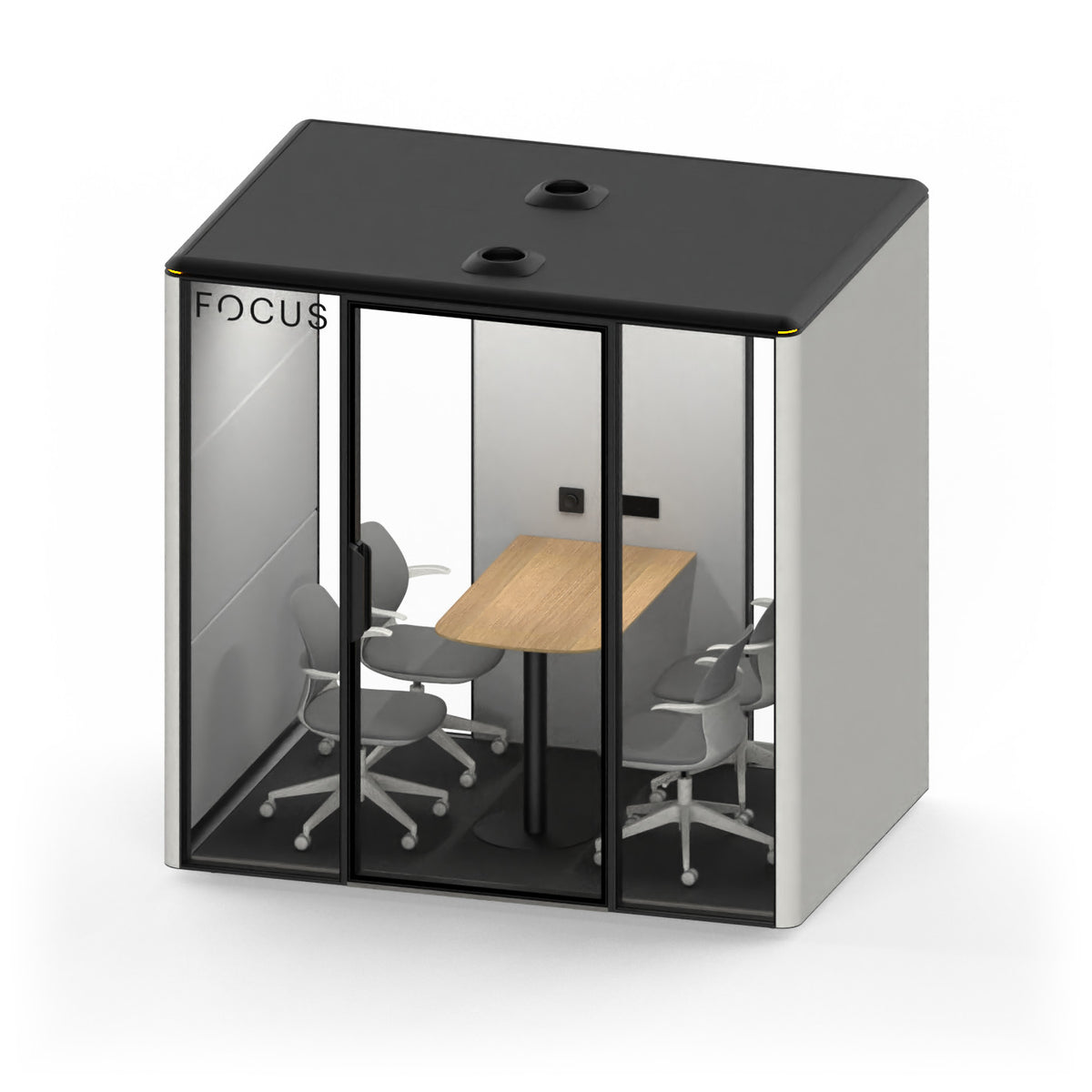 Focus Studio meeting pod in Chalk with four meeting chairs and a wall-mounted meeting table, seen from above