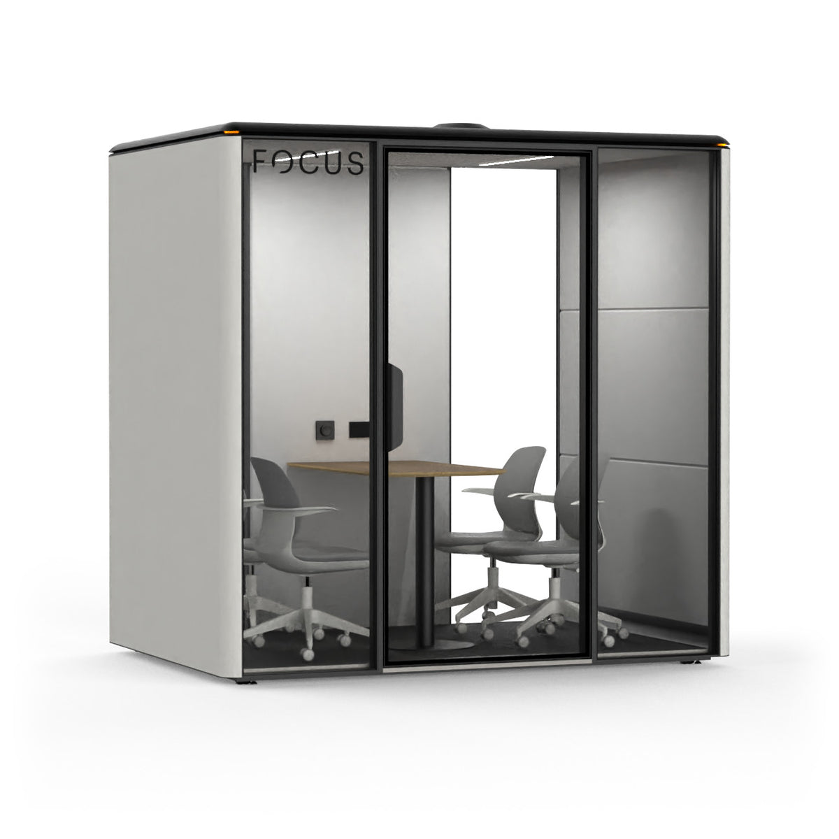 Focus Studio meeting pod in Chalk with four meeting chairs and a wall-mounted meeting table, seen from the front left