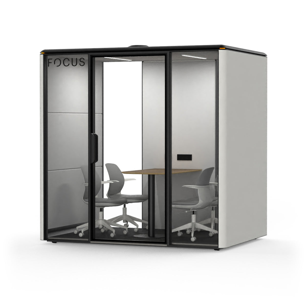 Focus Studio meeting pod in Chalk with four meeting chairs and a wall-mounted meeting table, seen from the front right