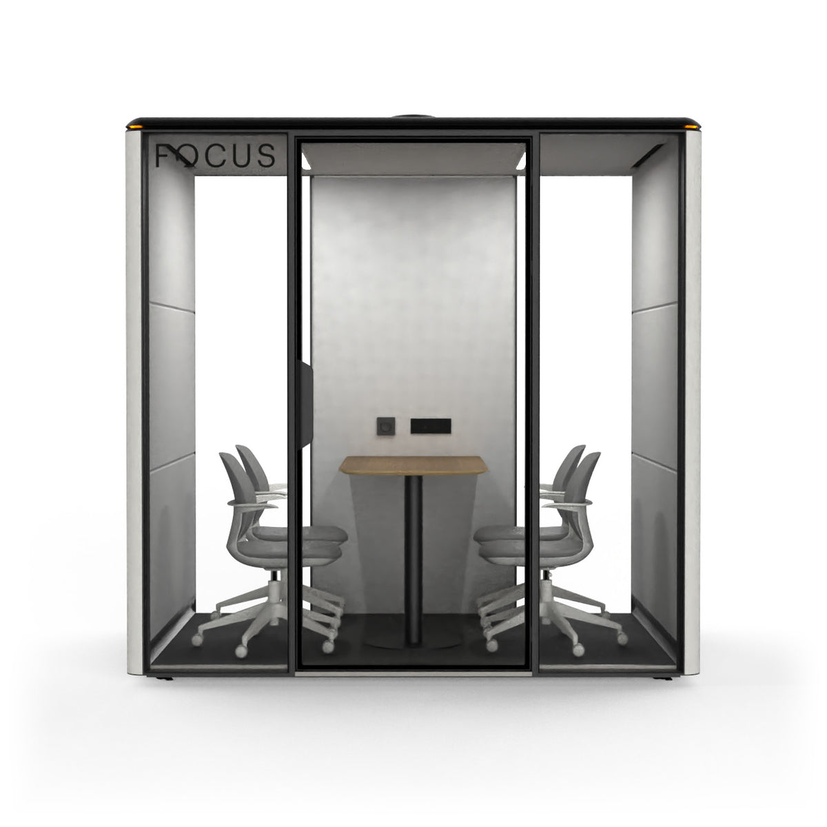 Focus Studio meeting pod in Chalk with four meeting chairs and a wall-mounted meeting table, seen from the front