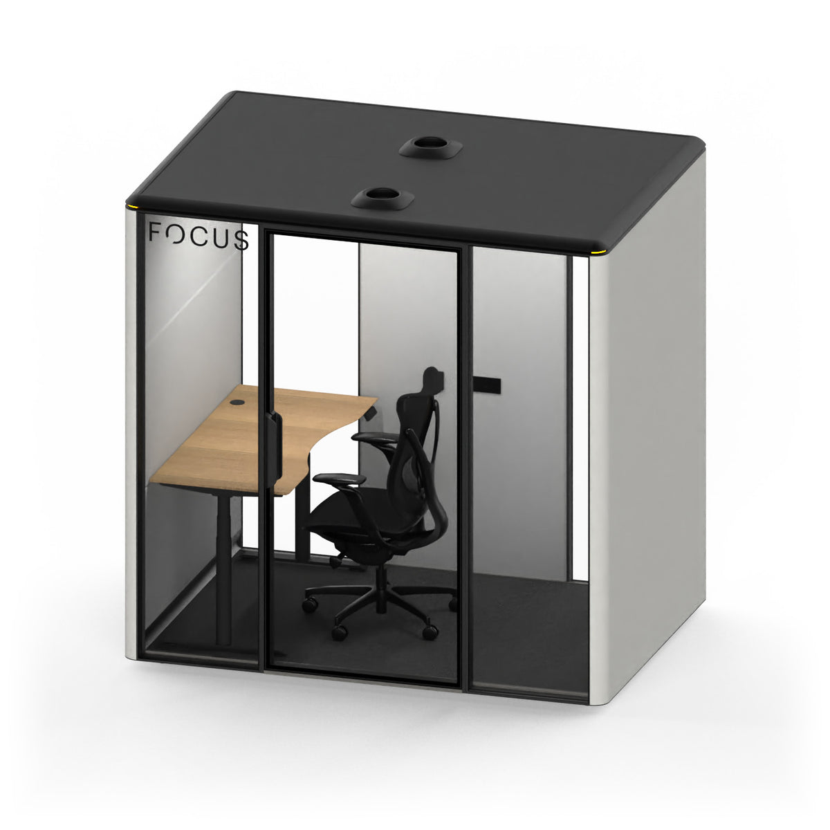 Focus Studio meeting pod in Chalk with an Onda task chair and a height-adjustable desk, seen from above