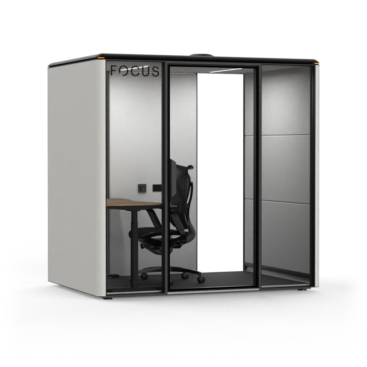 Focus Studio meeting pod in Chalk with an Onda task chair and a height-adjustable desk, seen from the front left