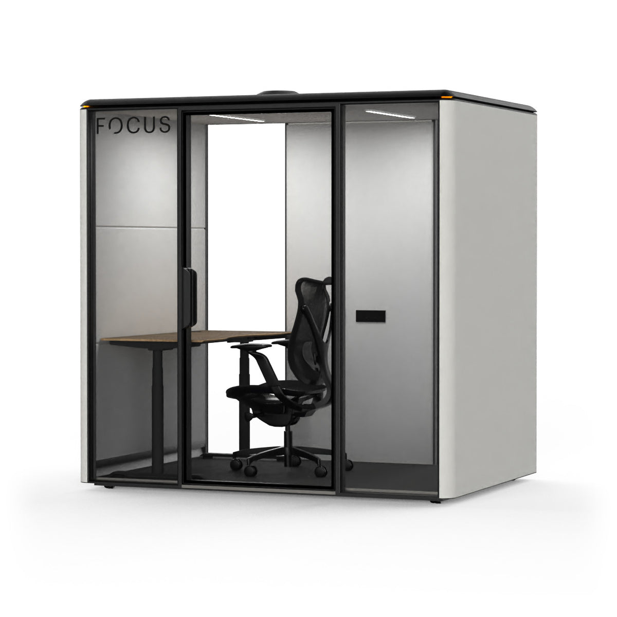 Focus Studio meeting pod in Chalk with an Onda task chair and a height-adjustable desk, seen from the front right