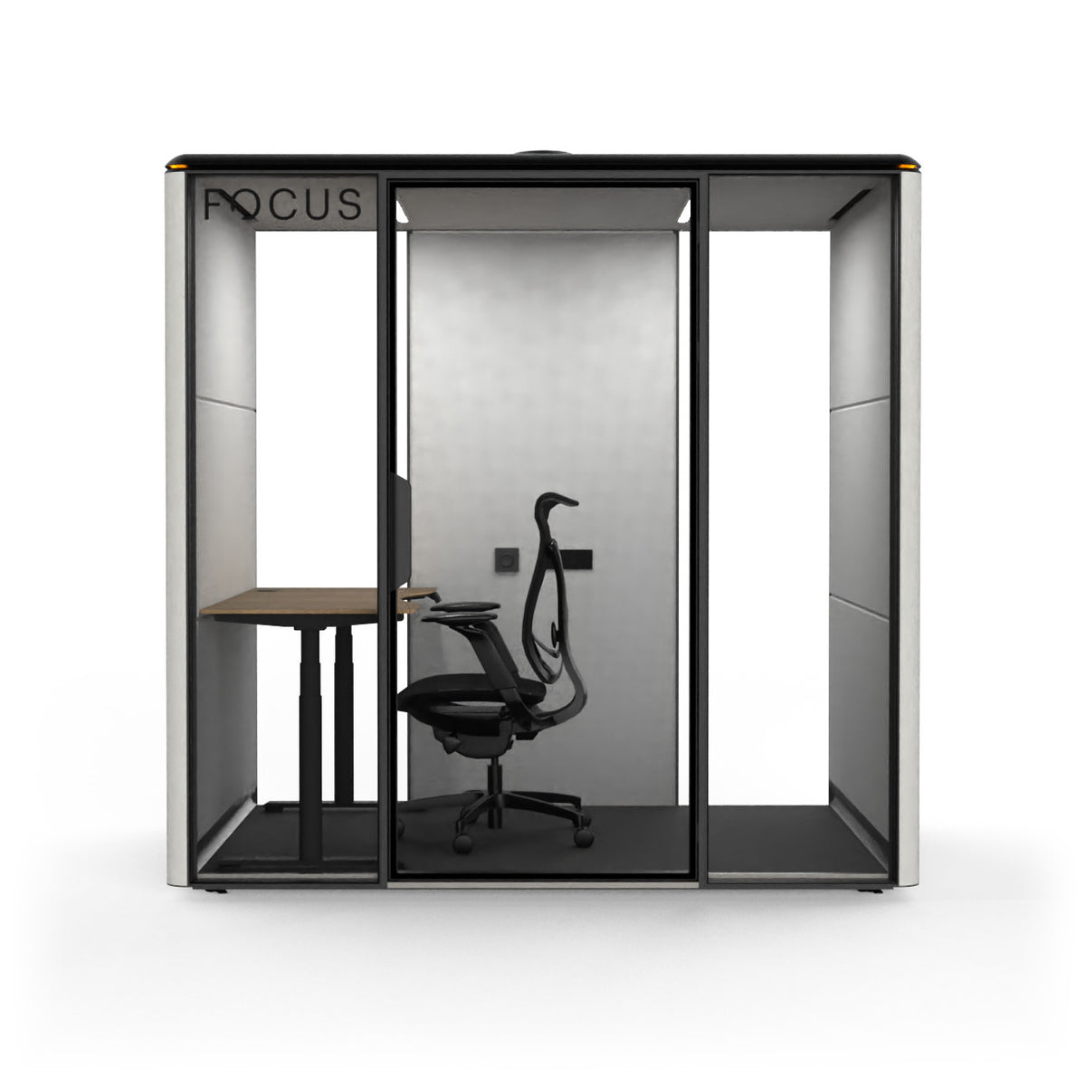 Focus Studio meeting pod in Chalk with an Onda task chair and a height-adjustable desk, seen from the front